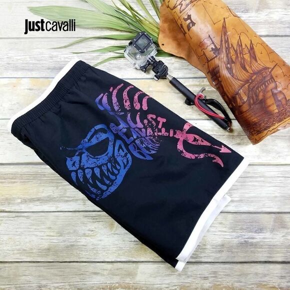 New Just Cavalli Men S / 48 Black Printed Beach Swim Shorts Boardshorts Trunks - Picture 2 of 7